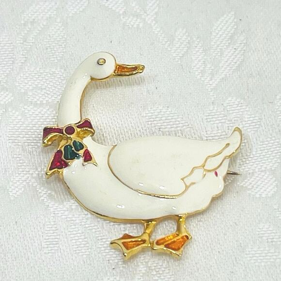 Vtg Enamel Holiday Christmas Brooch Goose Ornament Swan Bow Gold Tone - Picture 2 of 8